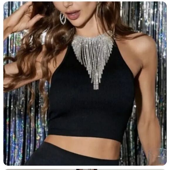 Zara BLACK SEAMLESS JEWEL HALTER - Picture 1 of 7
